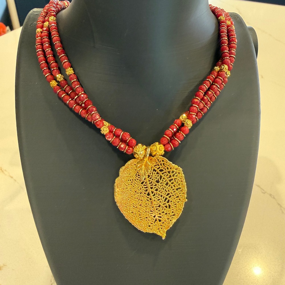 Boho Statement Red Faceted Bead Multi Strand Gold Leaf Pendant Necklace